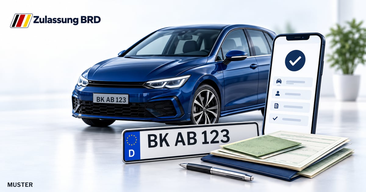 Online Fahrzeugzulassung in Wanzleben-Börde: Musterkennzeichen BK AB 123, Auto und Fahrzeugpapiere und Smartphone. Illustration mit Logo von Zulassung BRD.